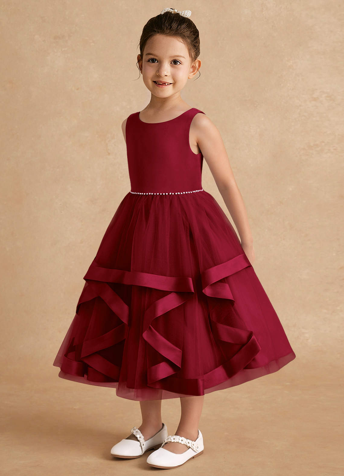Azazie Posy Flower Girl Dresses Burgundy A-Line Beaded Tulle Dress image2
