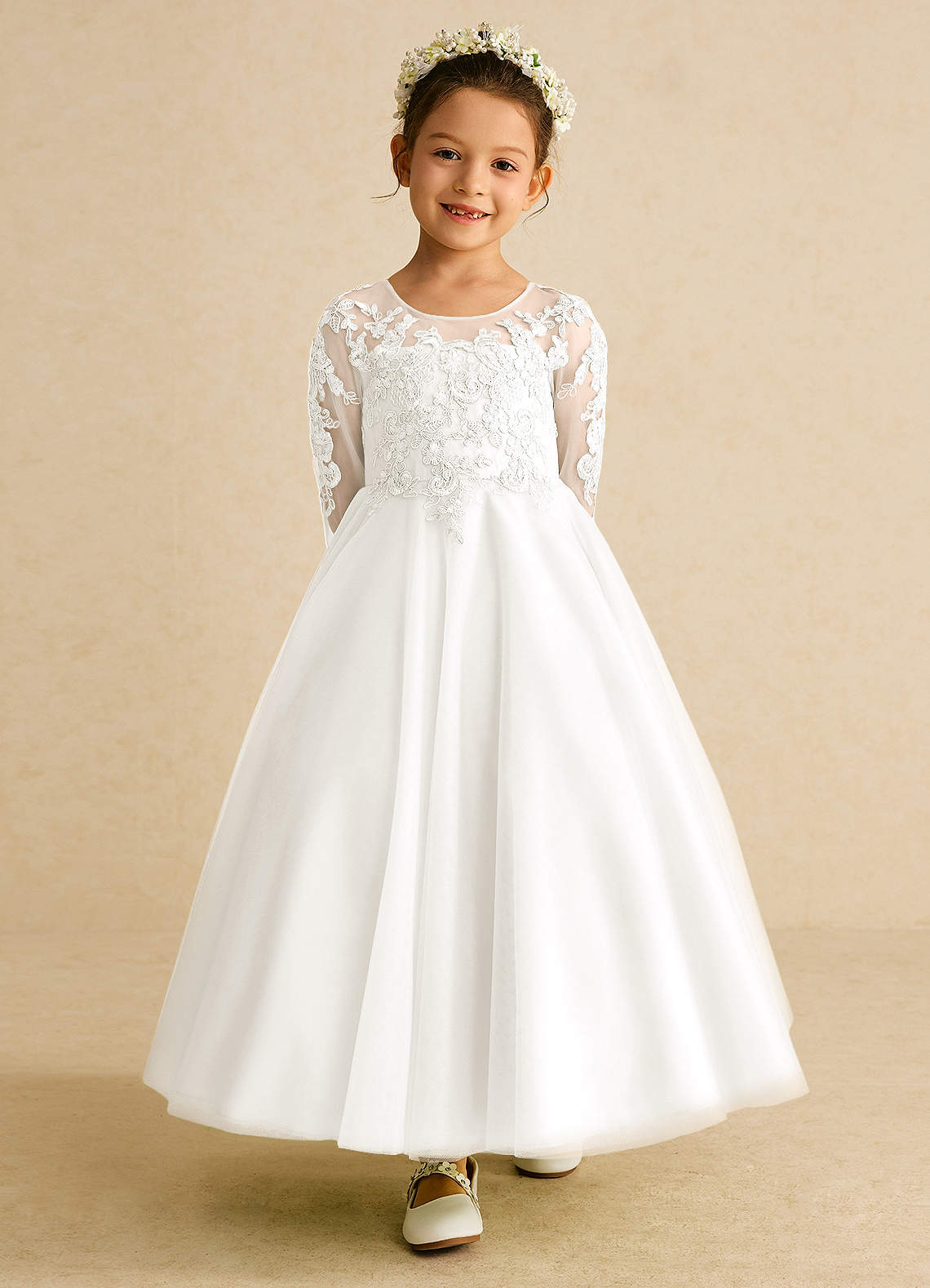 Azazie Precious Flower Girl Dresses Ivory A-Line Lace Tulle Dress image3