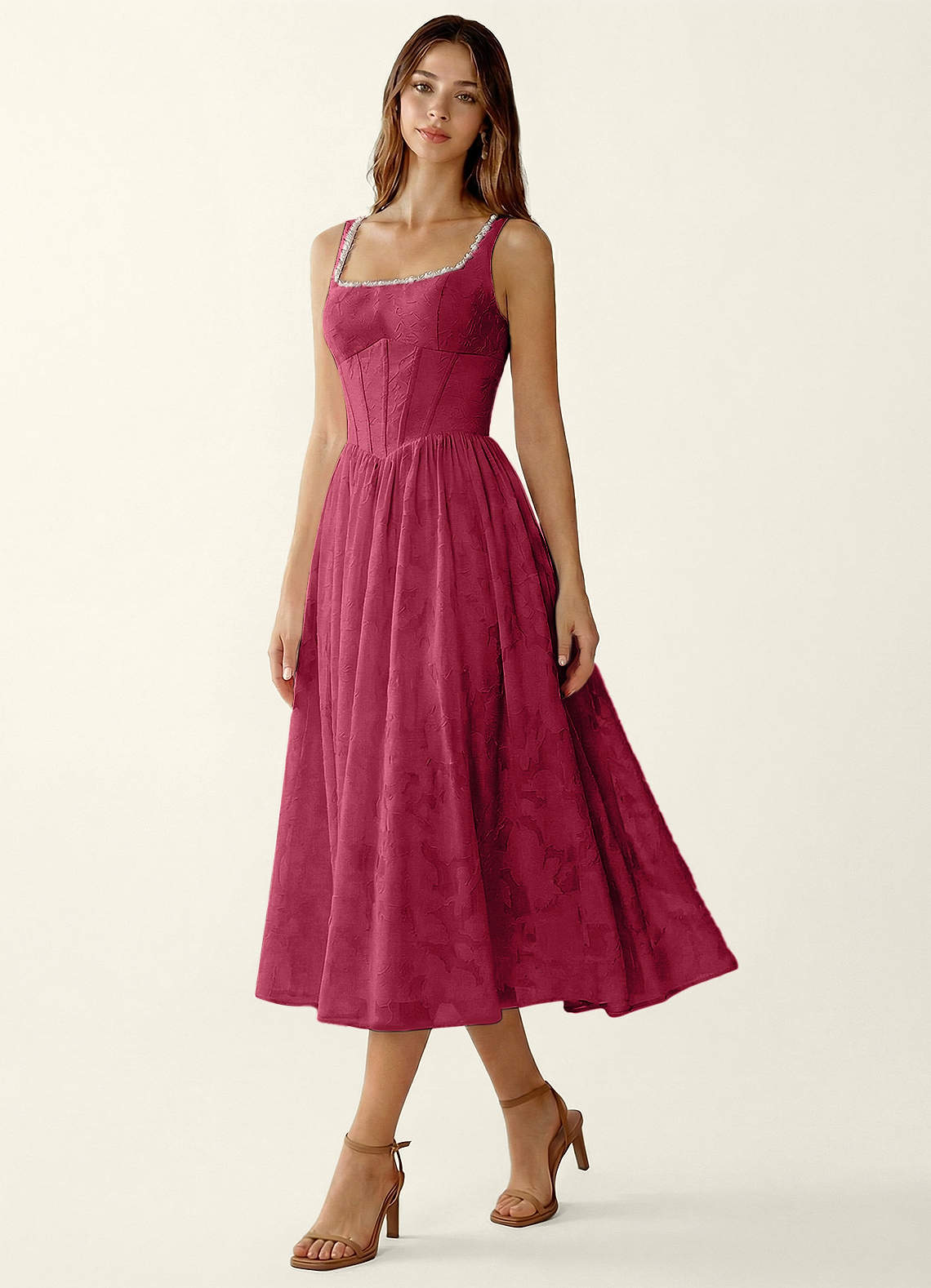Ottavia Merlot Jacquard Midi A-line Graduation Dress