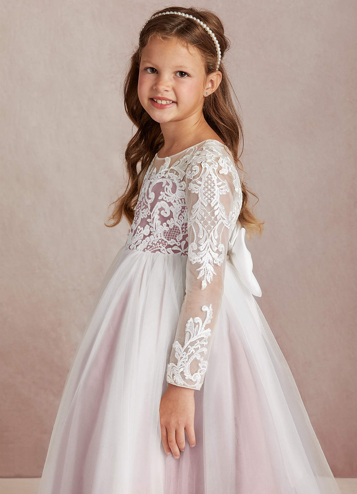 Azazie Elodie Robe Demoiselle D'honneur Fillette Robe Princesse en Dentelle Ivoire Rose Poussiéreux image5