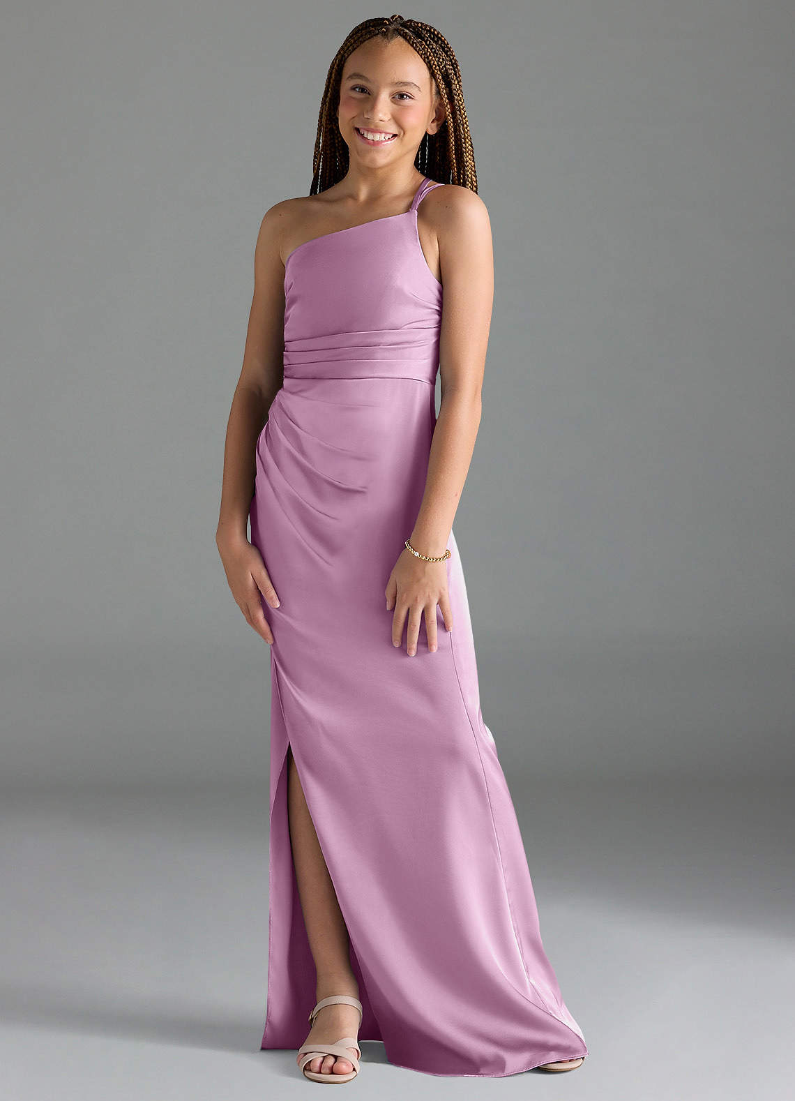 Azazie Eren Junior Wisteria Sheath Pleated Stretch Satin Dress image1