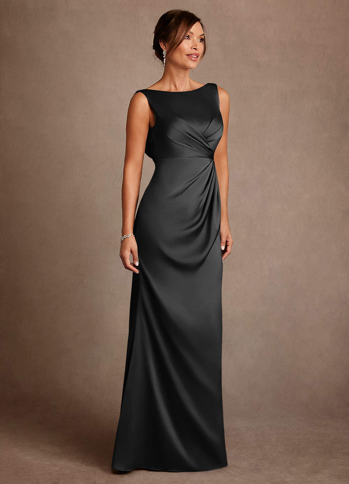 Azazie Baltimore Mother of the Bride Dresses Black A-Line Pleated Stretch Satin Dress image3
