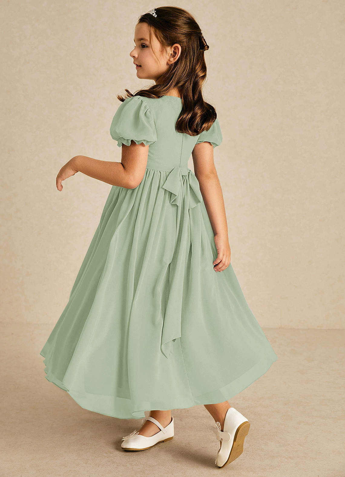 Azazie Joss Flower Girl Dresses Dusty Sage A-Line with Sleeves Chiffon Dress image1