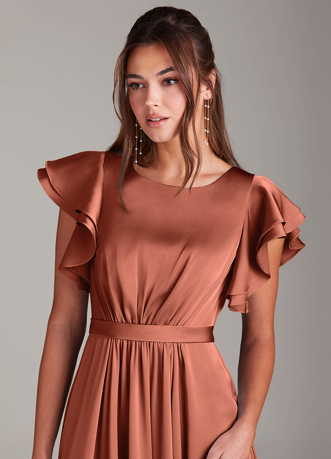 Azazie Daphne Modest Bridesmaid Dresses A-Line Ruched Stretch Satin Floor-Length Dress image4