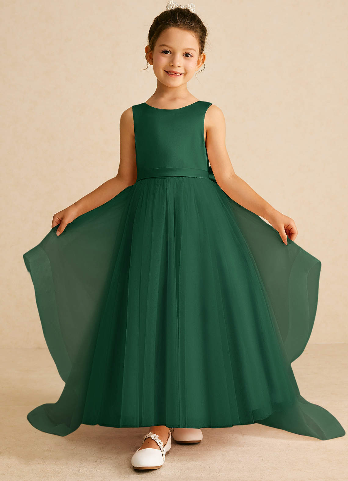 Azazie Pumpkin Flower Girl Dresses Dark Green A-Line Convertible Tulle Dress image1