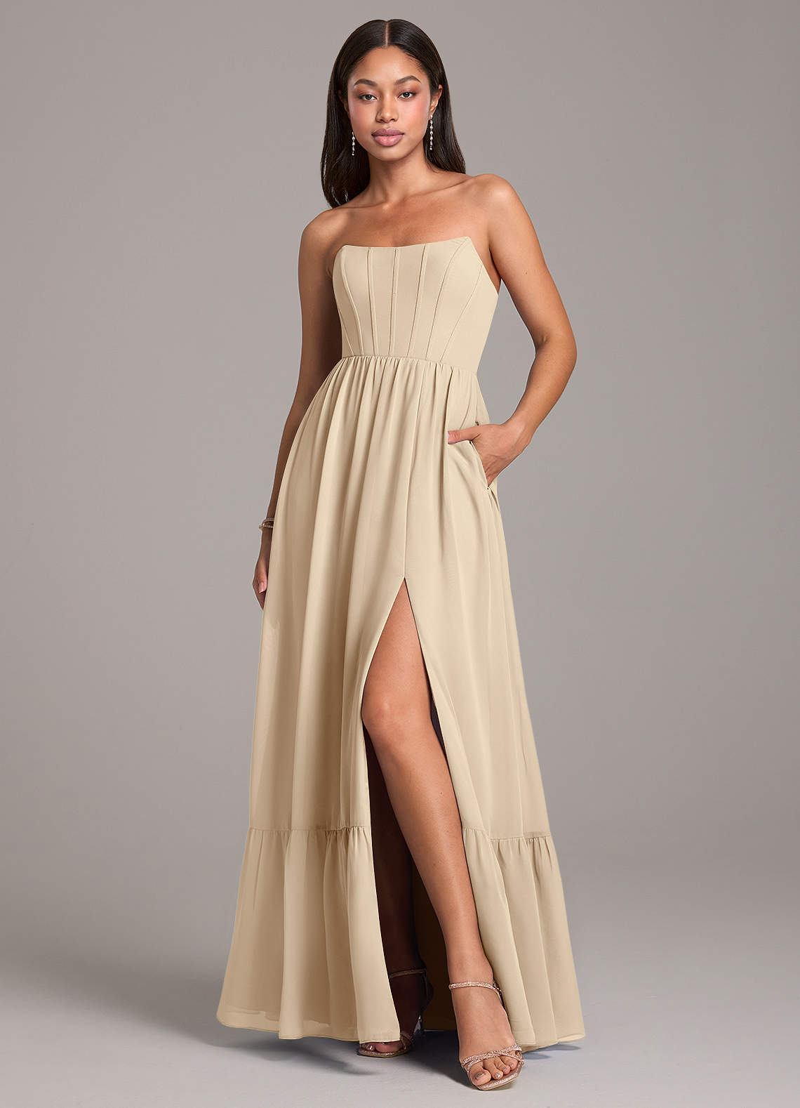Azazie Kailee Bridesmaid Dresses Champagne A-Line with Pockets Chiffon Dress image1