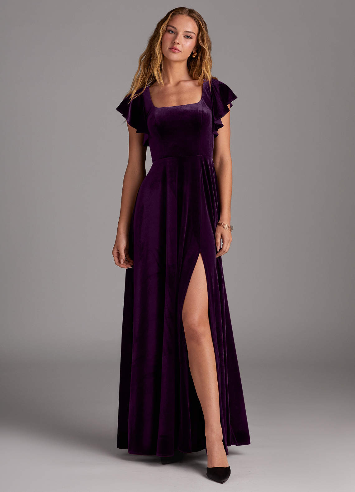 Azazie Bondi Bridesmaid Dresses Grape A-Line Side Slit Velvet Dress image1