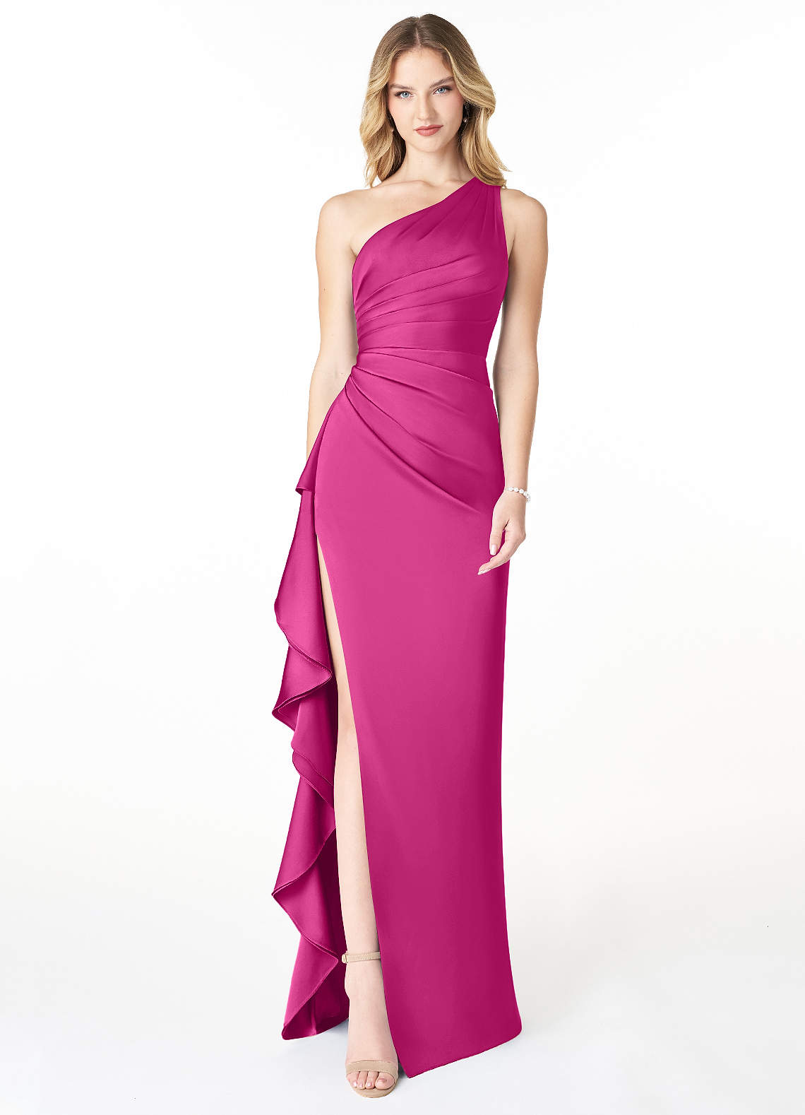 Azazie Latrice Bridesmaid Dresses Fuchsia Sheath One Shoulder Cascading Ruffles Stretch Satin Dress image1