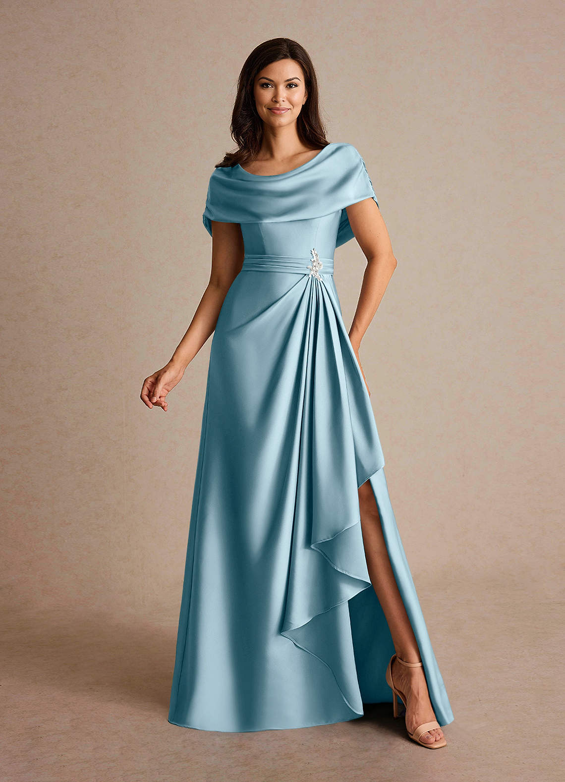 Azazie Branford Klänningar till brudens mor Klänning A-Line i Stretch Satin Plisserad Moody Blue image1