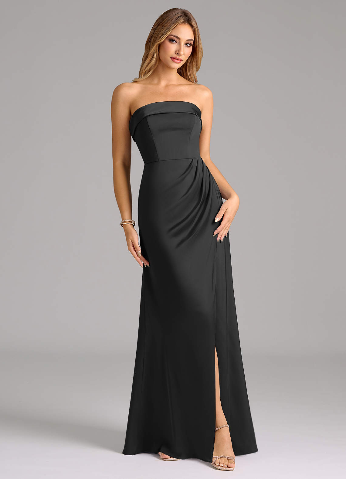 Azazie Aretha Bridesmaid Dresses Black A-Line Strapless Stretch Satin Convertible Dress image1