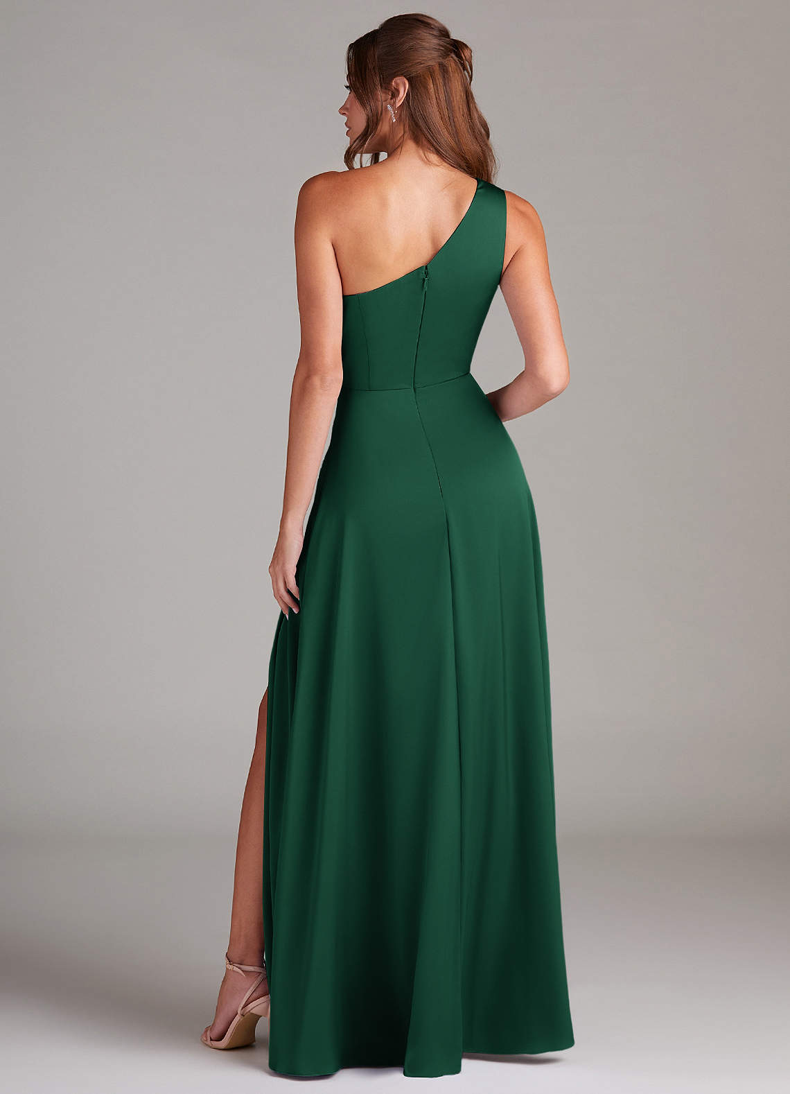 Azazie Brooke Bridesmaid Dresses Dark Green A-Line One Shoulder Stretch Satin Dress image6