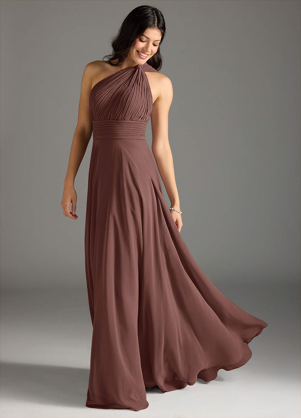 Azazie Charlize Bridesmaid Dresses Espresso A-Line One Shoulder Chiffon Dress image1