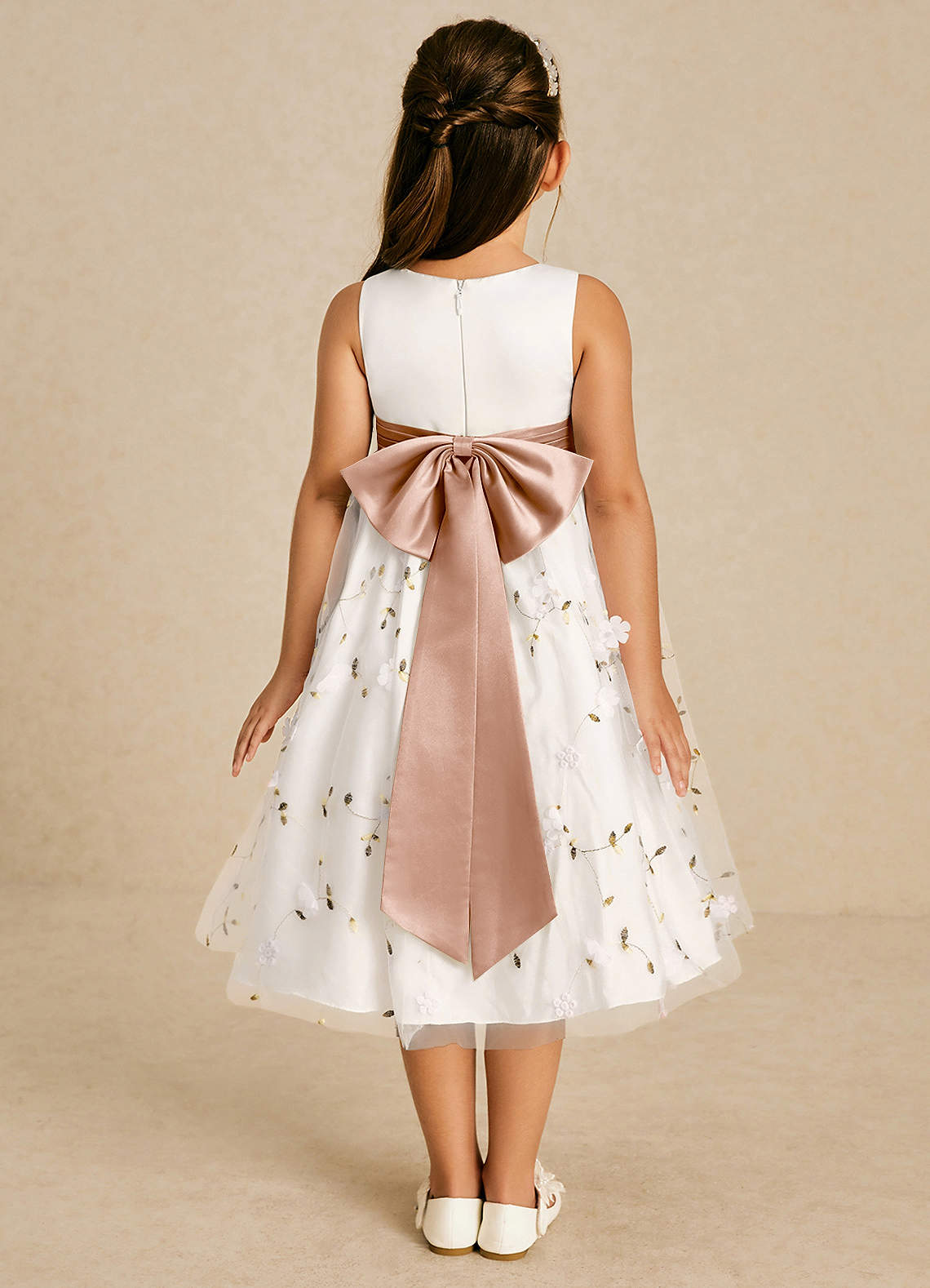 Azazie Pollie Flower Girl Dresses Ivory Champagne Rose A-Line Bow Tulle Dress image1