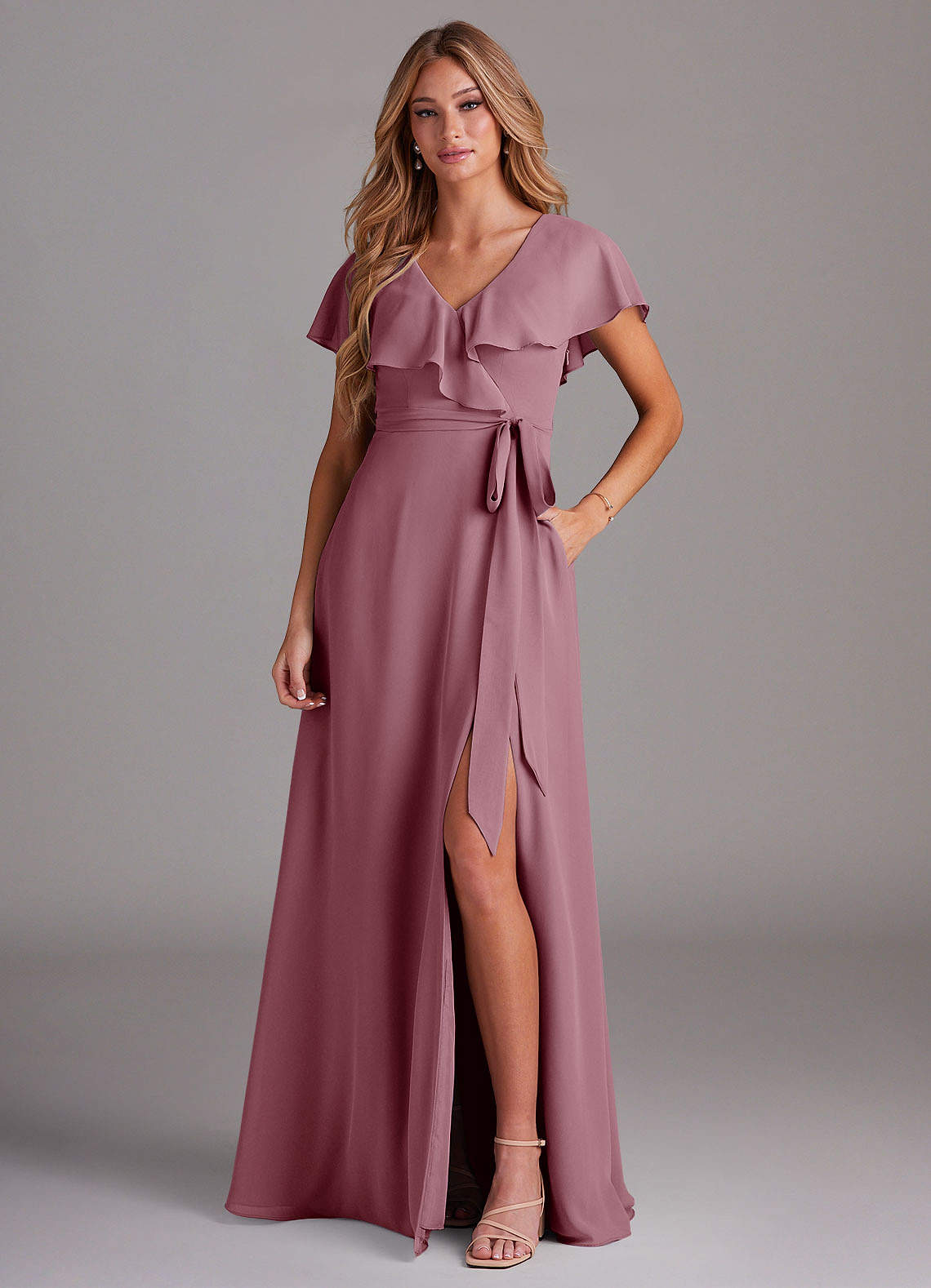 Azazie Lainey Bridesmaid Dresses Vintage Mauve A-Line with Pockets Chiffon Dress image1