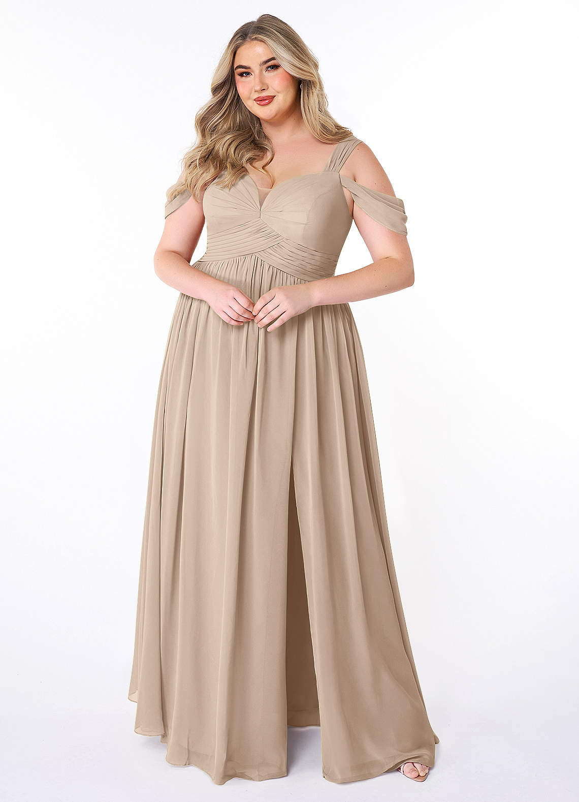 Azazie Lianne Bridesmaid Dresses Taupe A-Line Off the Shoulder Chiffon Dress image1