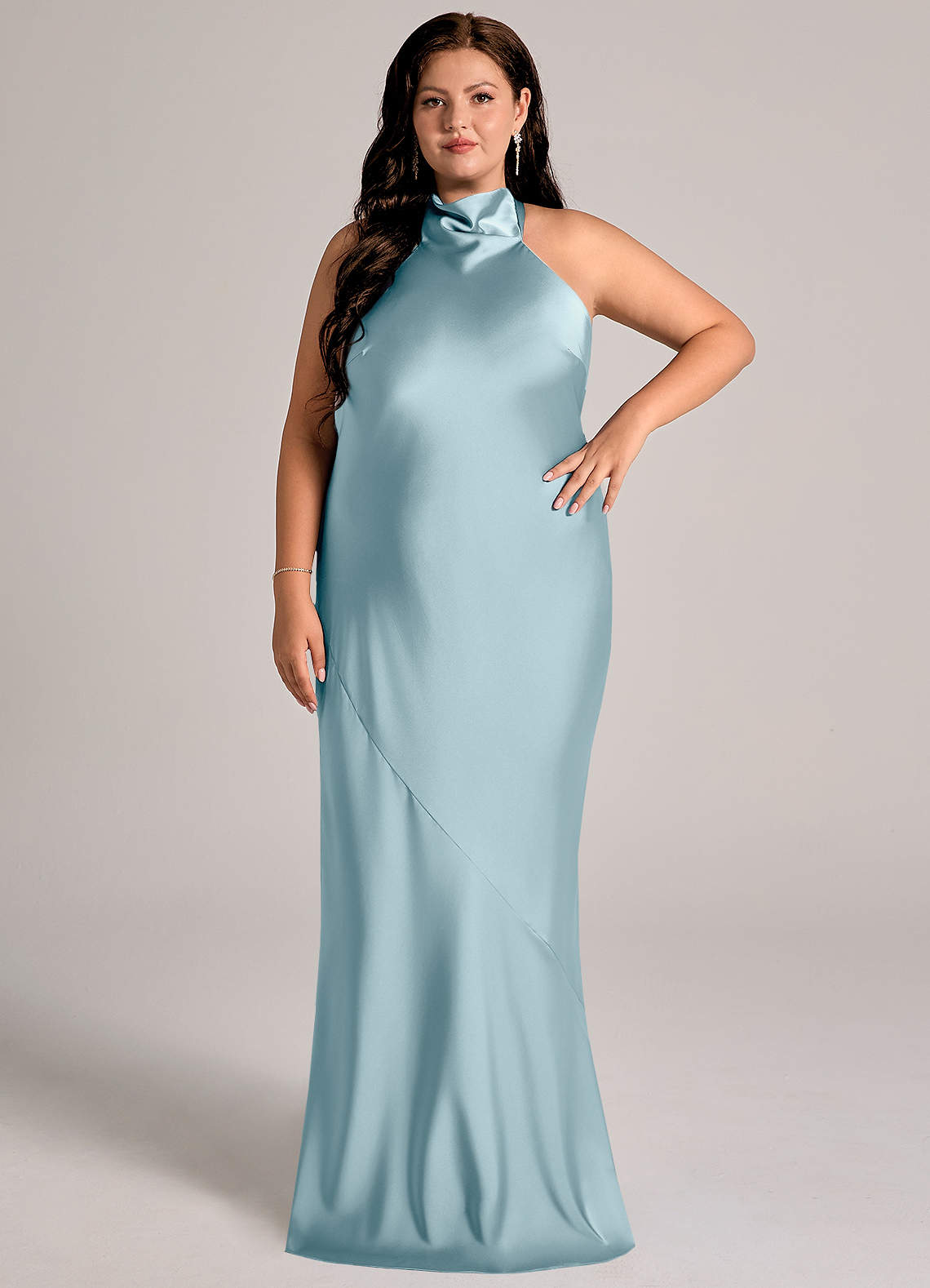 Azazie Velli Bridesmaid Dresses Moody Blue Mermaid High Neck Stretch Satin Dress image1