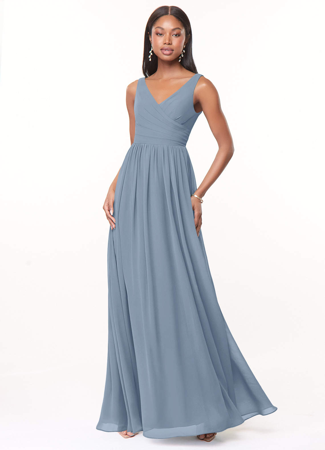 Azazie Keyla Bridesmaid Dresses Dusty Blue A-Line V-Neck Pleated Chiffon Dress image1