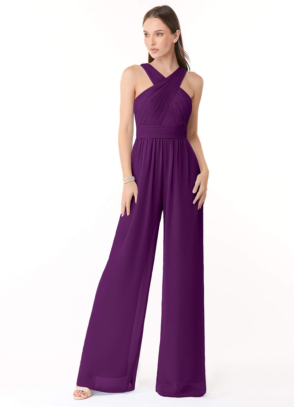 Azazie Berdie Brudtärnklänningar Jumpsuit av i Chiffong V-ringad plisserad halare image1