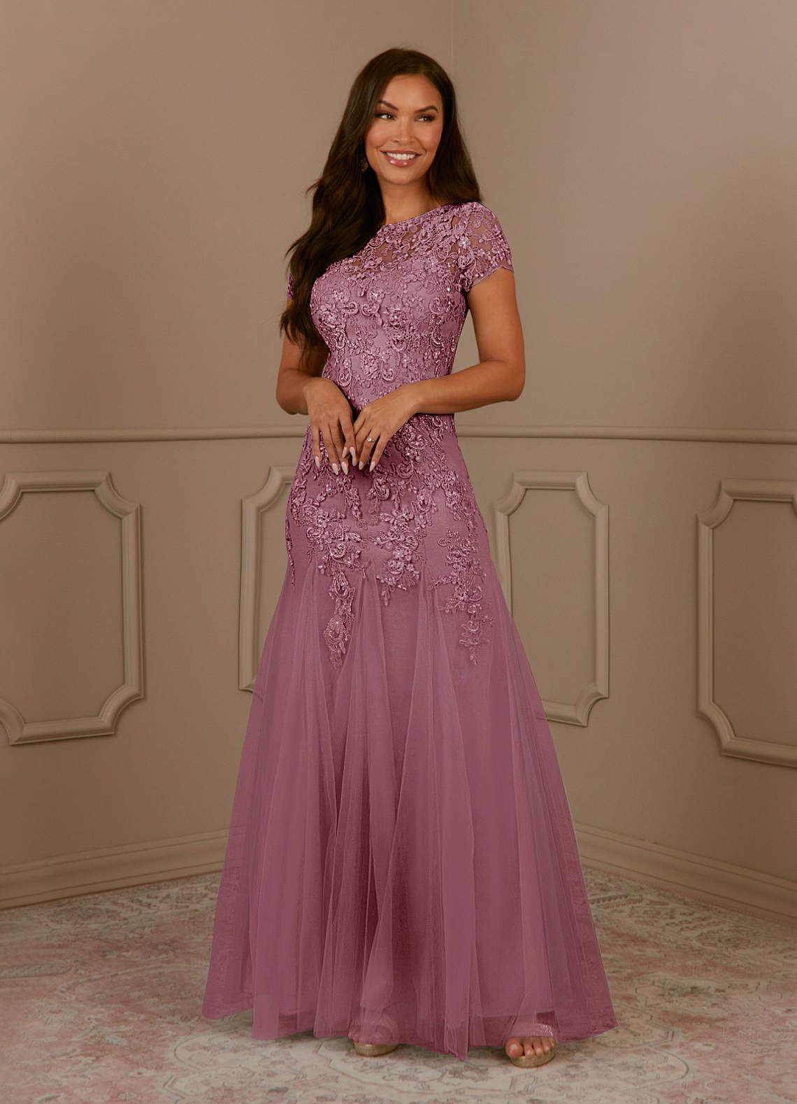 Azazie Laurie Vintage Mauve Mermaid Scoop Sequins Tulle Dress