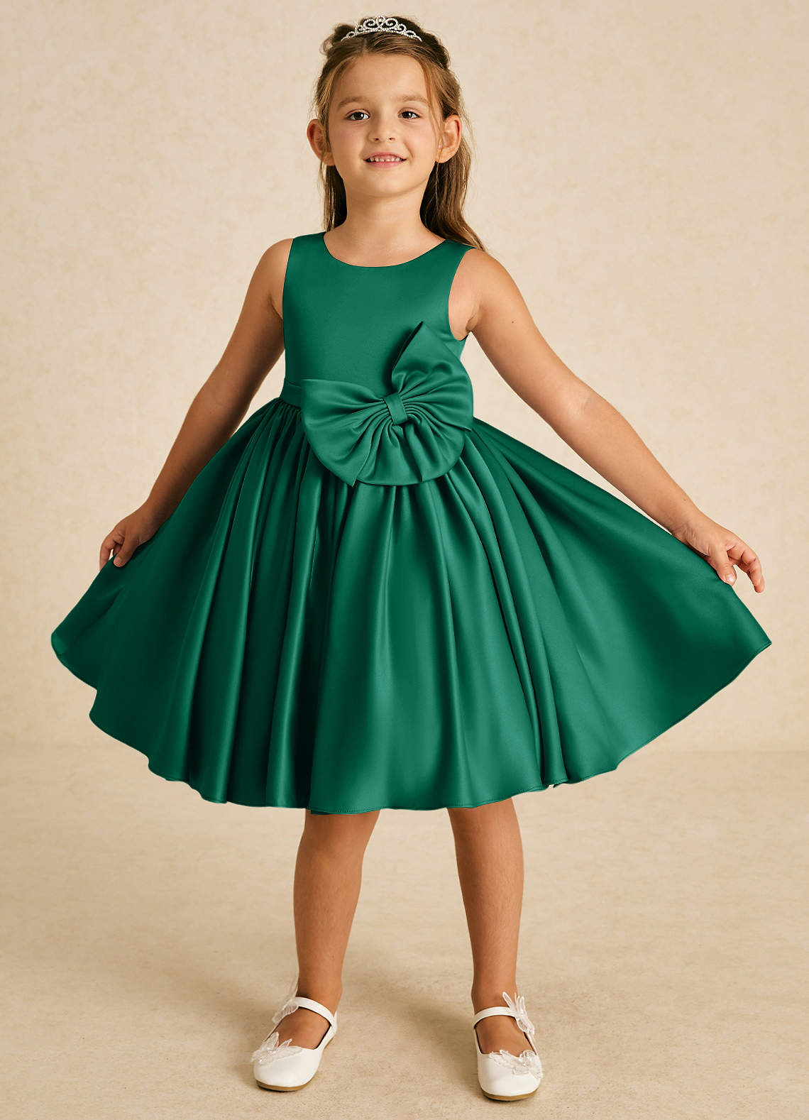 Azazie Apple Flower Girl Dresses Emerald A-Line Bow Matte Satin Dress image1