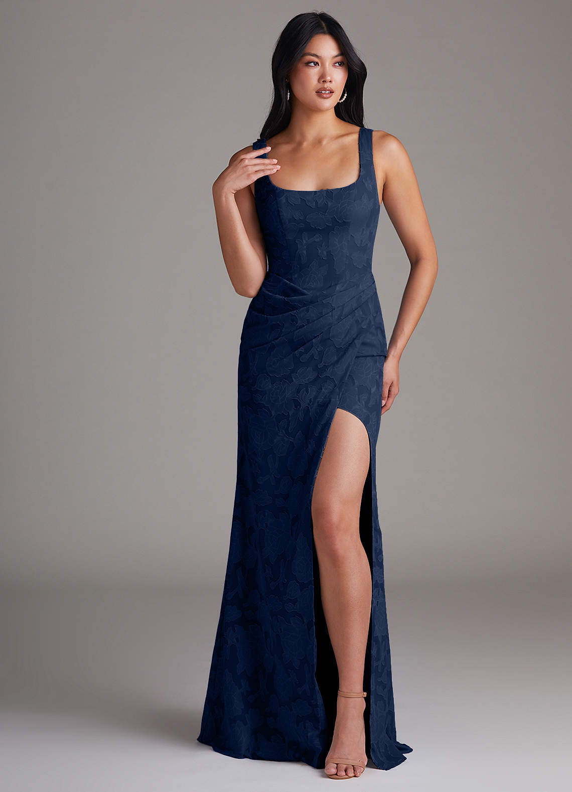 Azazie Mero Bridesmaid Dresses Dark Navy Sheath Pleated Floral Burnout Dress image1