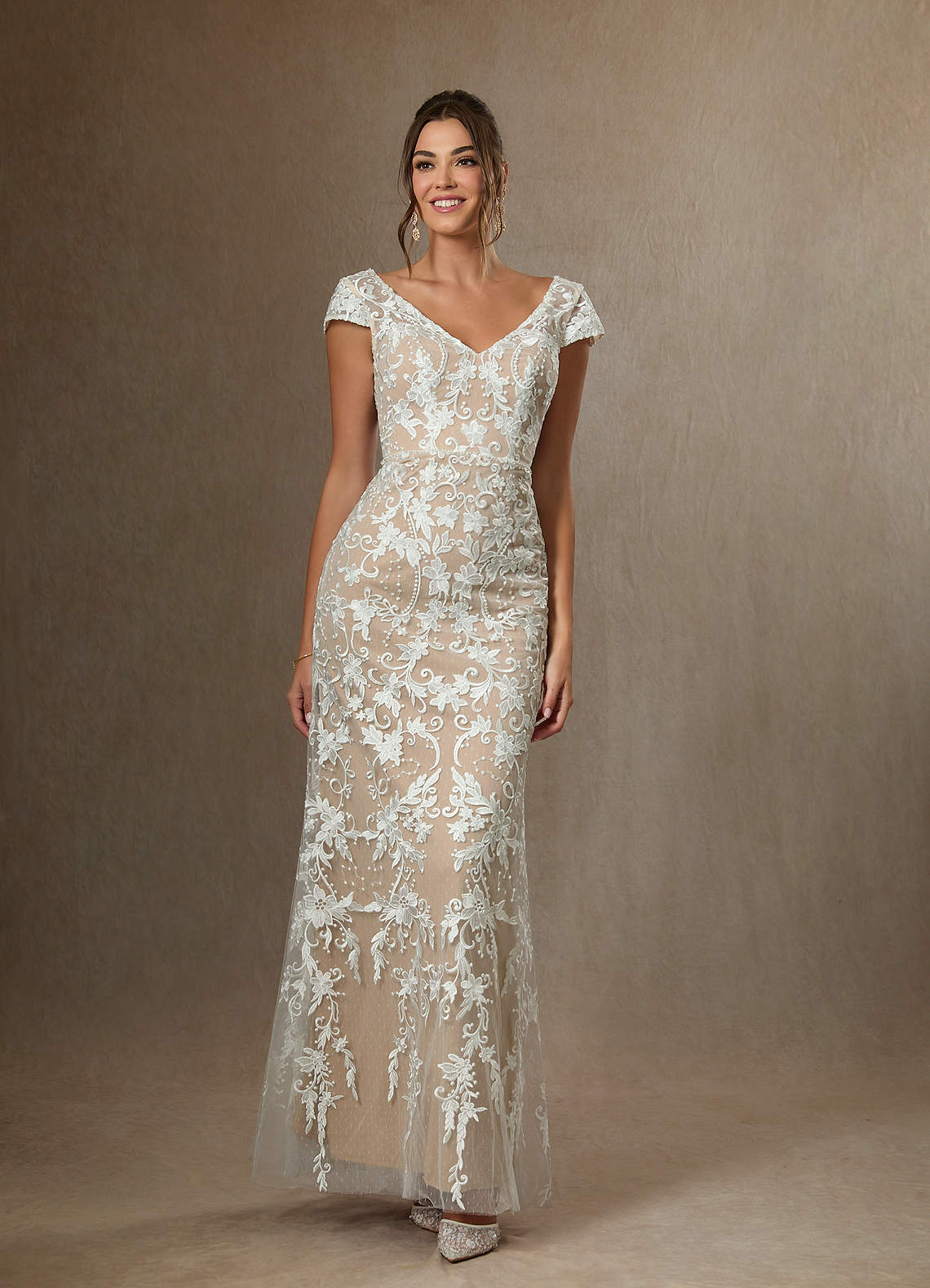the white gold diamond dress Azazie Devonna Nude Sheath V-Neck Sequins Lace Ready to Ship Long Sleeve Women's Wedding Dresses