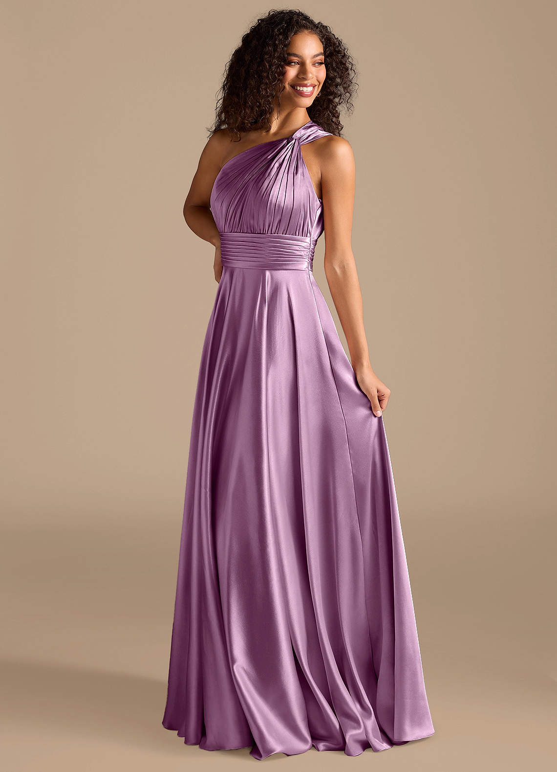 Long Dark Purple Bridesmaid Dresses Azazie A-Line One-Shoulder Floor-Length  Metallic Satin Bridesmaid Dresses Wisteria