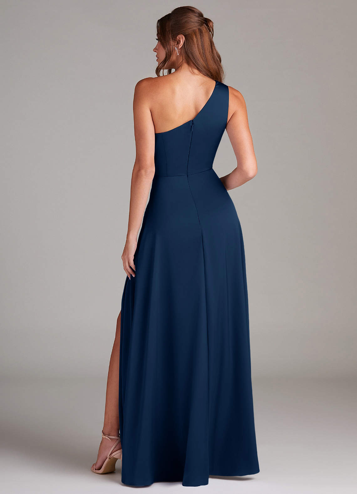 Azazie Brooke Bridesmaid Dresses Dark Navy A-Line One Shoulder Stretch Satin Dress image6