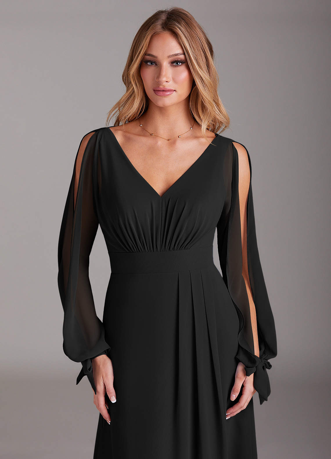 black chiffon bridesmaid dress with sleeves Azazie Matilda