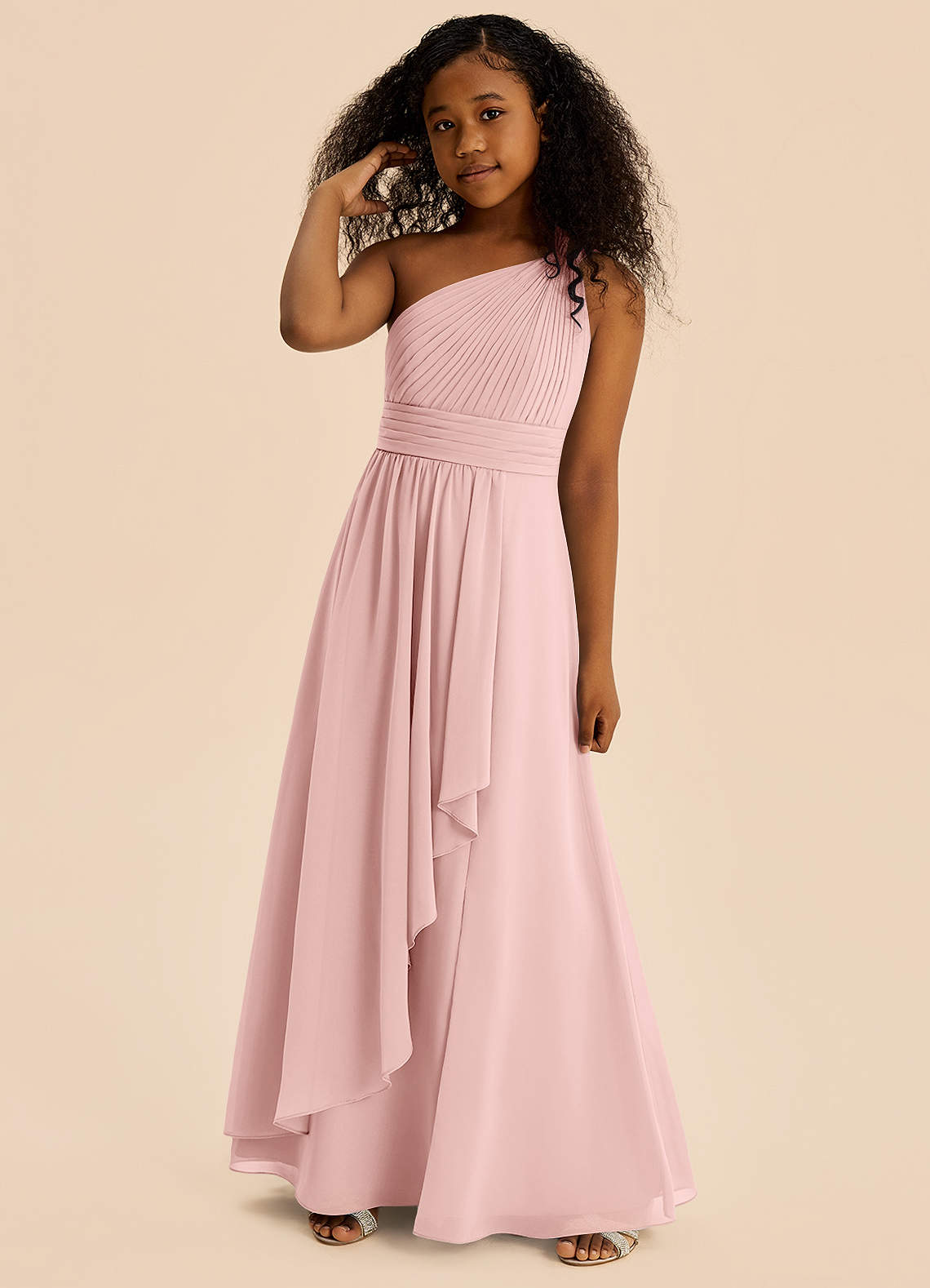 Azazie Skye Junior Powder Pink A-Line Pleated Chiffon Dress image3