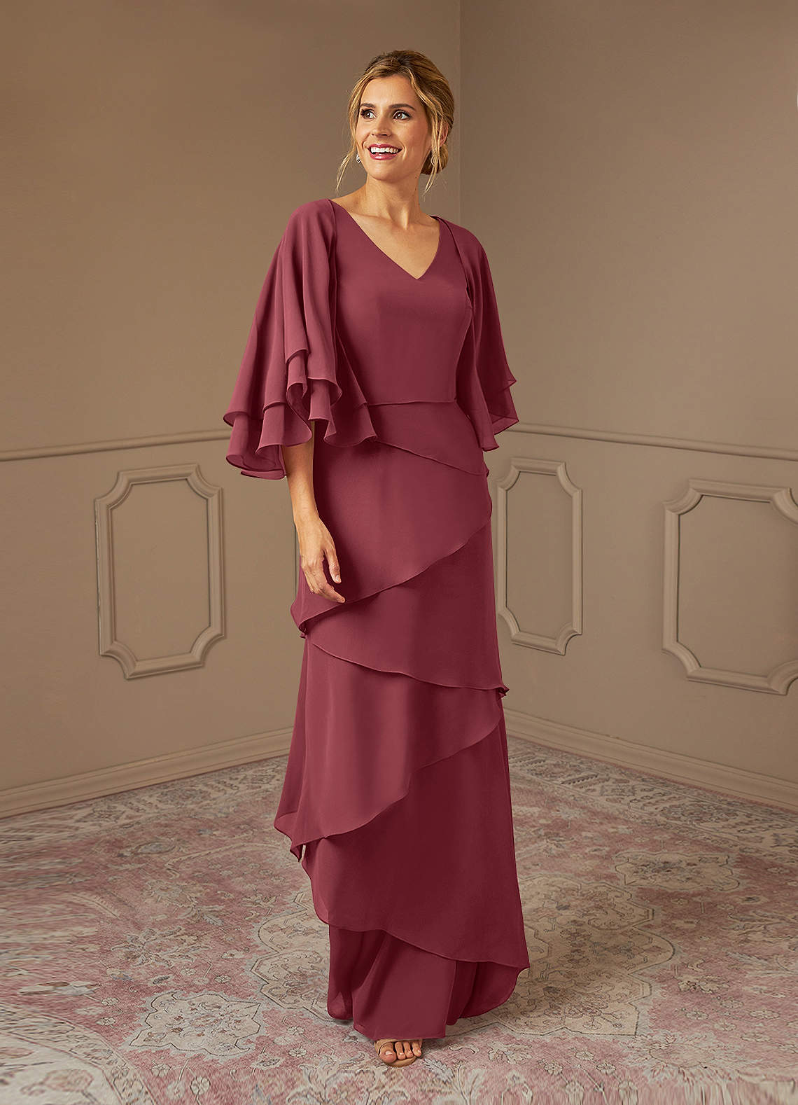 Azazie OHara Mother of the Bride Dresses Merlot A-Line V-Neck Chiffon Dress image1