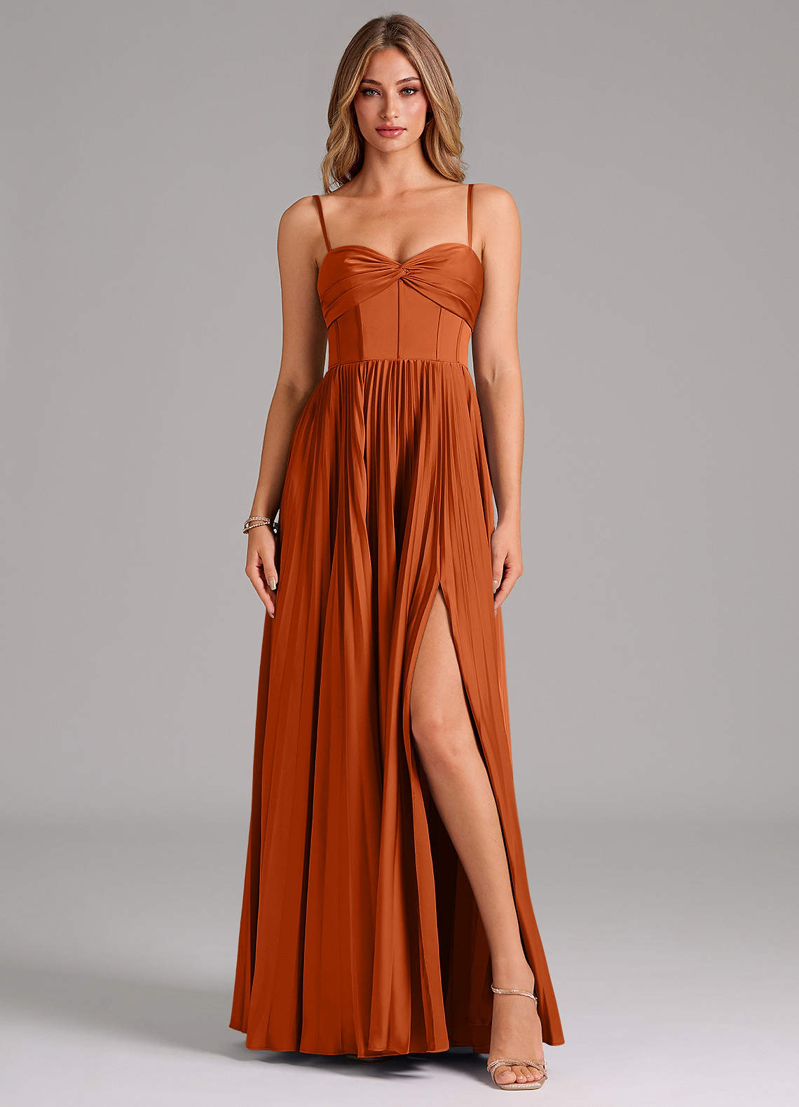 Azazie Tyla Bridesmaid Dresses Burnt Orange A-Line Sweetheart Neckline Stretch Satin Dress image1