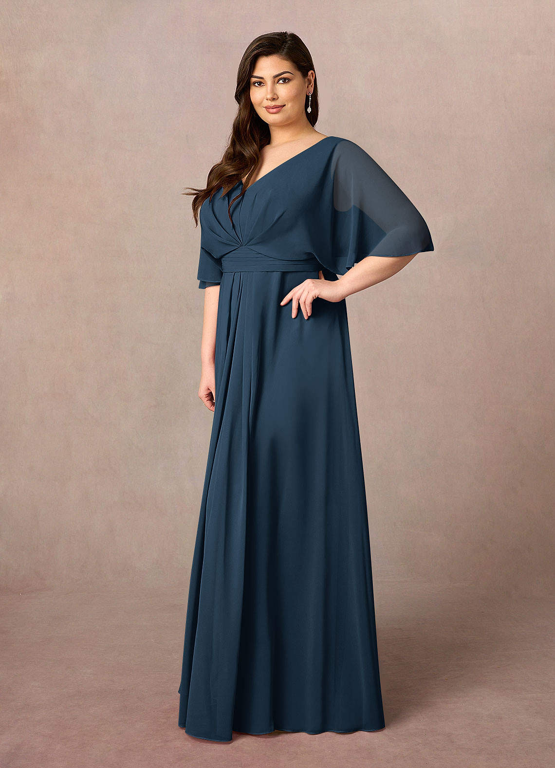 Azazie Oksana Dark Navy A-Line V-Neck Pleated Chiffon Dress | Azazie