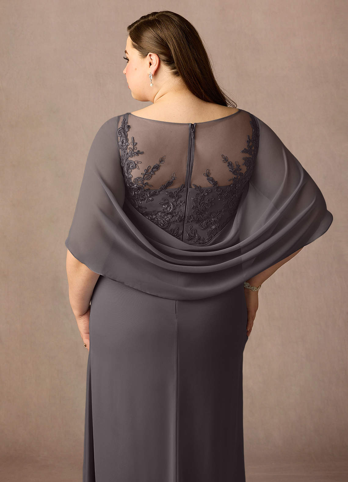 Azazie Hera Mother of the Bride Dresses Steel Grey A-Line Lace Capelet Chiffon Dress image11