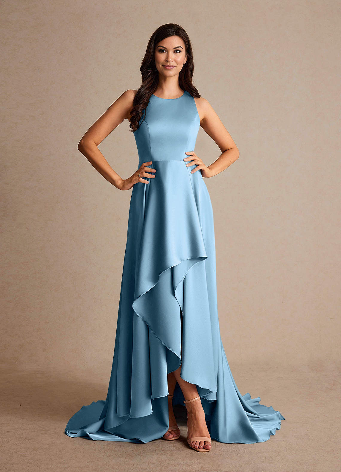 Azazie Niles Steel Blue A-Line Trains Stretch Satin Dress Ready to Ship |  Azazie