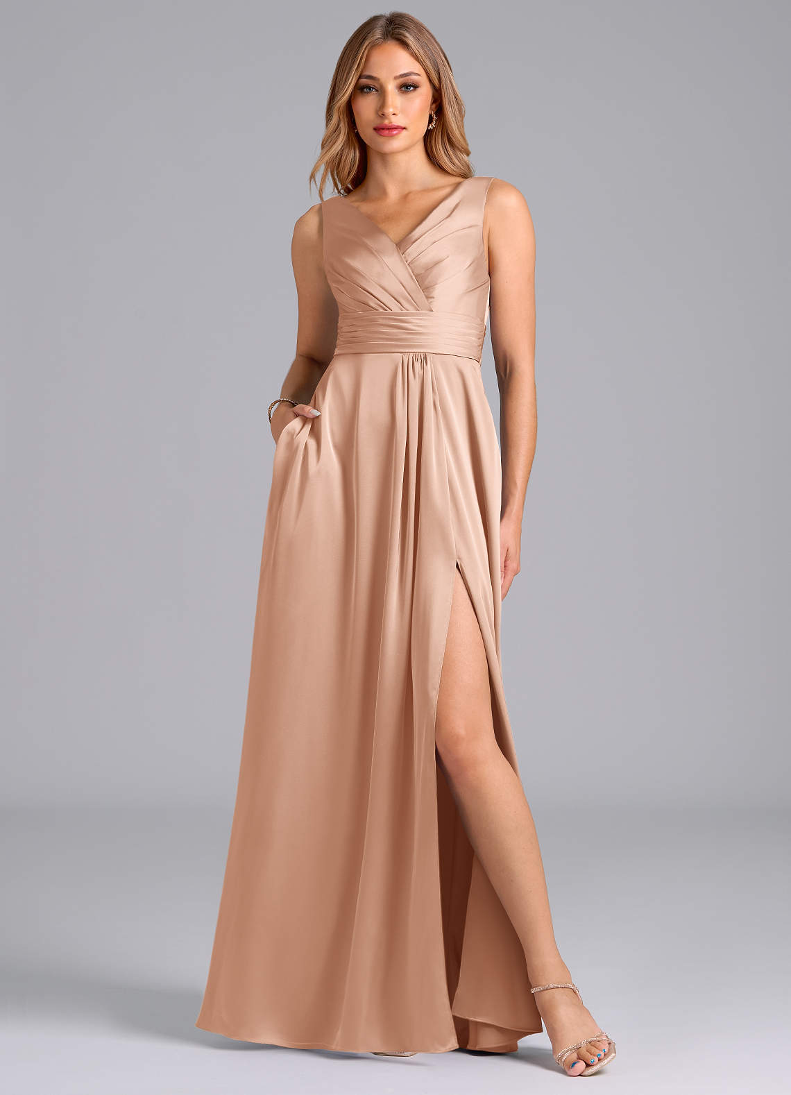 Azazie Karina Bridesmaid Dresses Rose Gold A-Line Pleated Stretch Satin Dress image1
