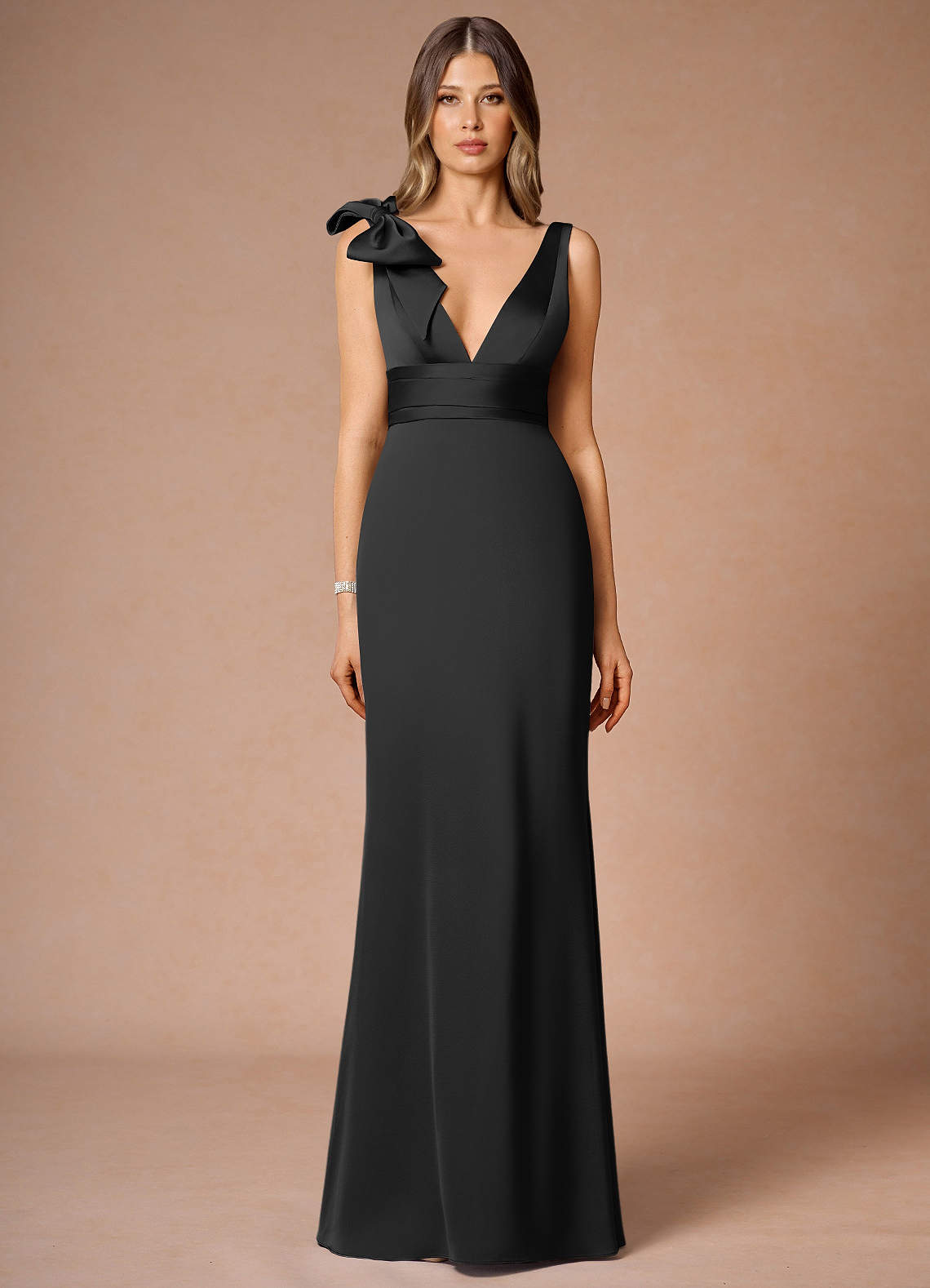 Azazie Plus Size Floor-Length Maxi Dresses Mermaid Wedding Guest Black Tie Dresses Plunging Bows Black