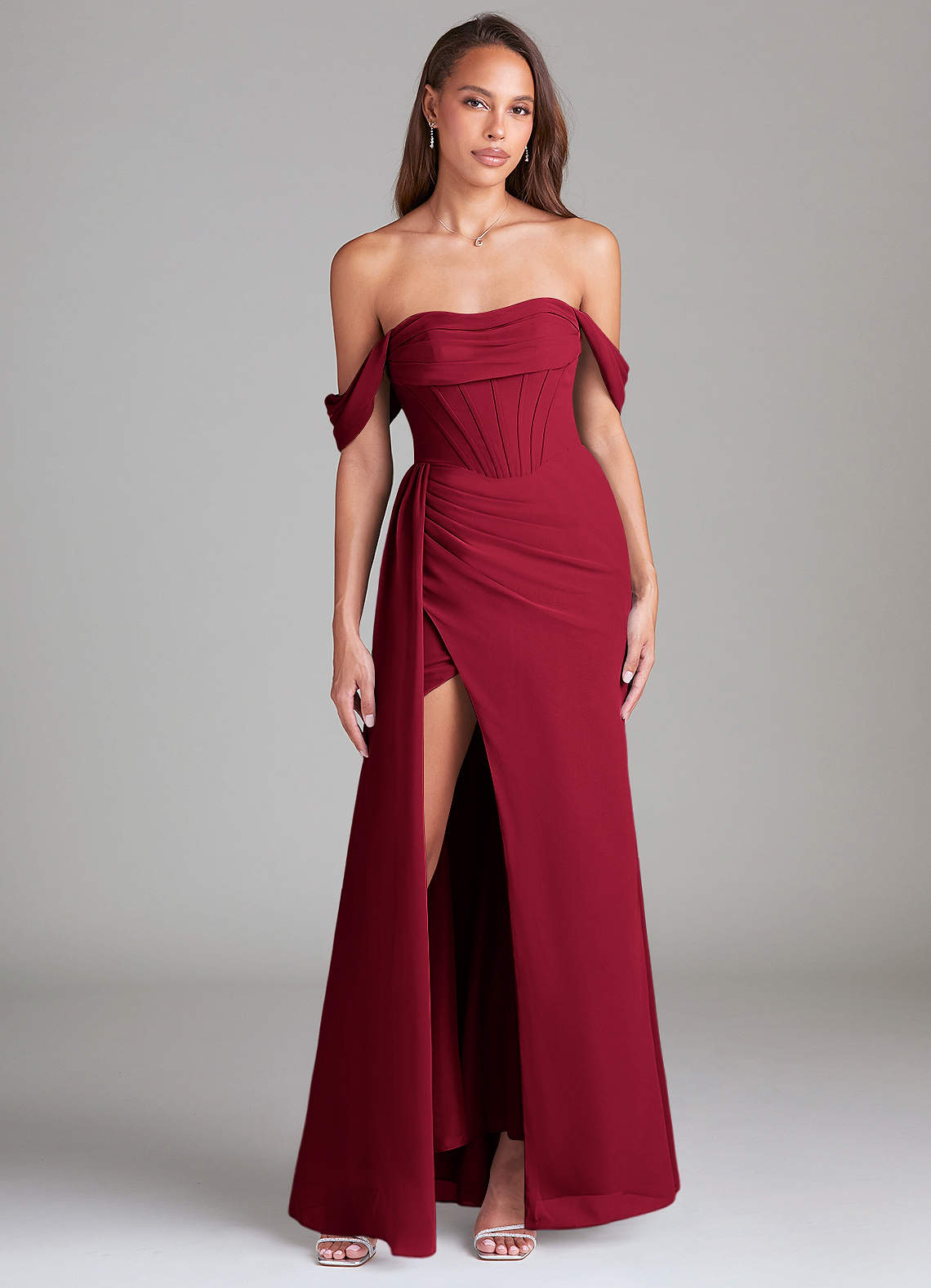 Azazie Amyra Bridesmaid Dresses Burgundy Sheath Off the Shoulder Chiffon Convertible Dress image1