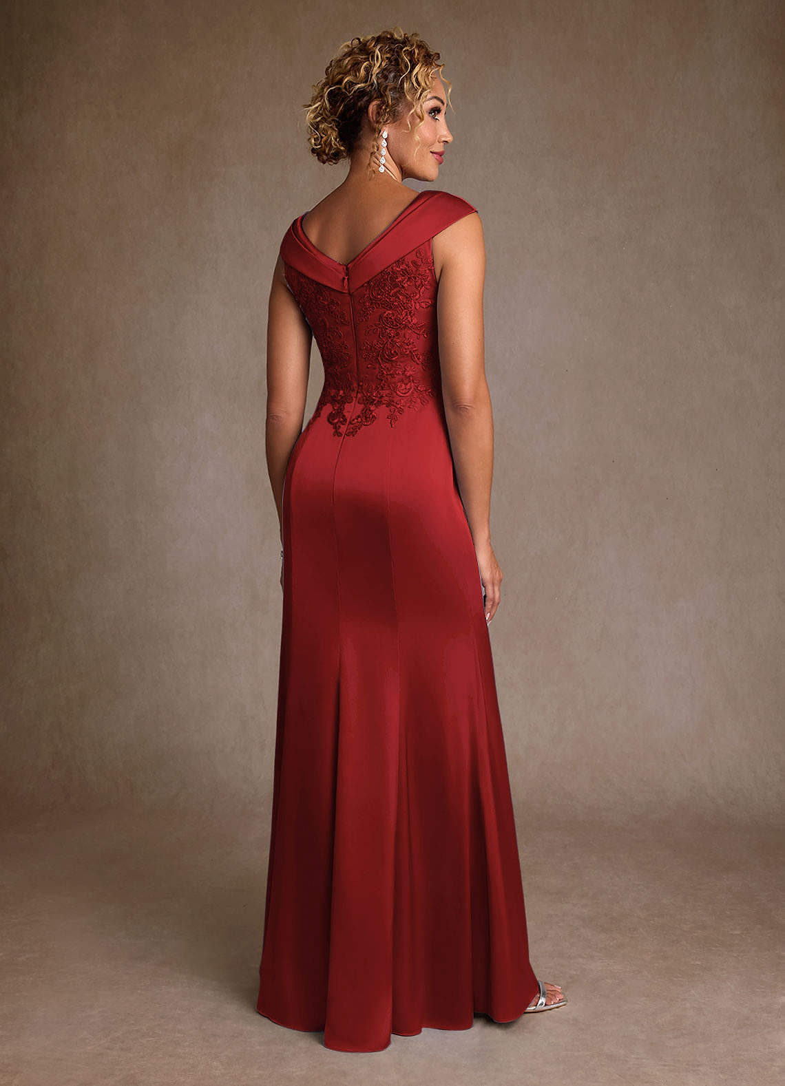 green emerald velvet dress Duntery Off-The-Shoulder Acetate Satin Gown with High Slit, Taupe