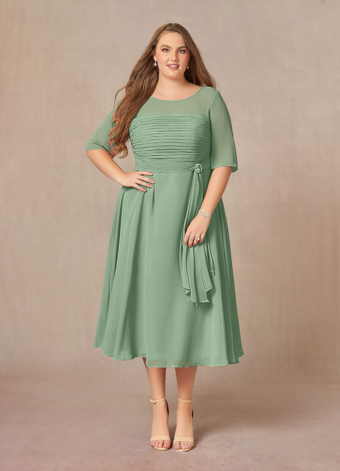 Azazie Naomi Mother of the Bride Dresses Matcha A-Line Boatneck Pleated Chiffon Dress image1