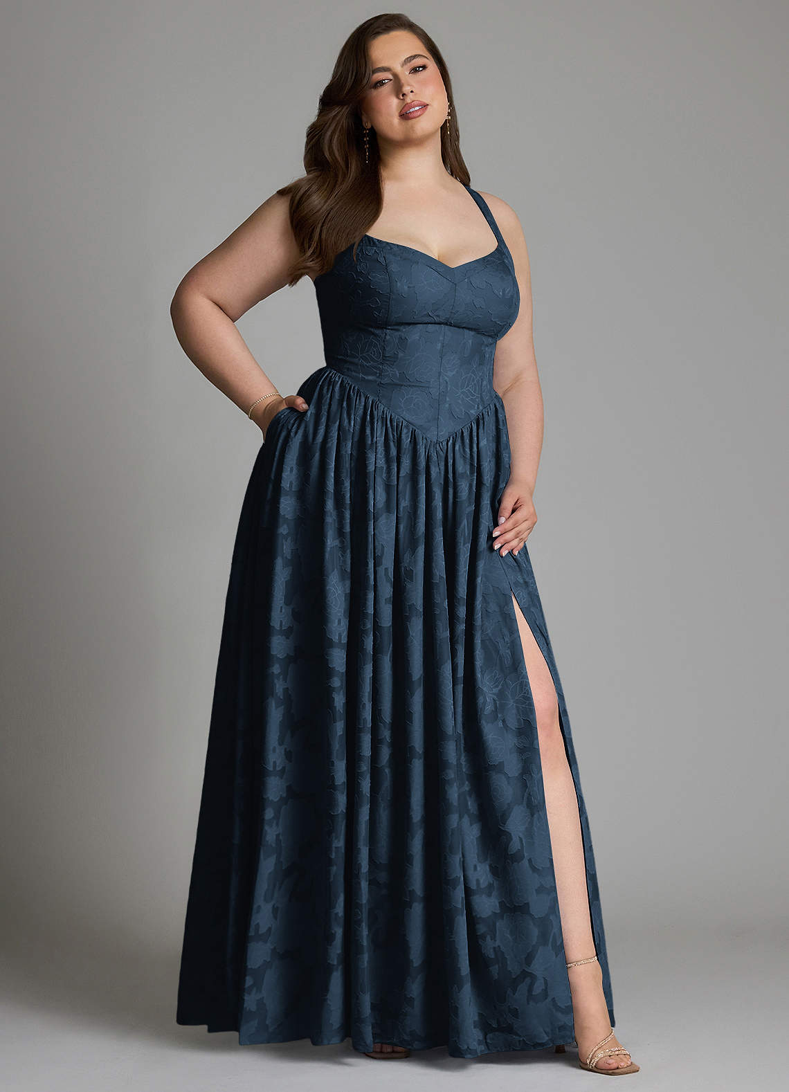 Azazie Francis At-home Try On Dresses Dark Navy A-Line Corset Floral Burnout Dress image13