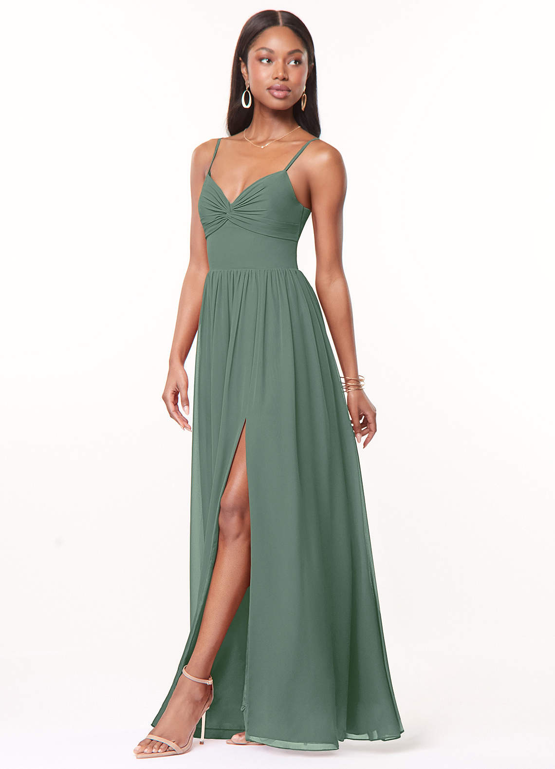 Azazie Zeya Bridesmaid Dresses Eucalyptus A-Line V-Neck Pleated Chiffon Dress image3