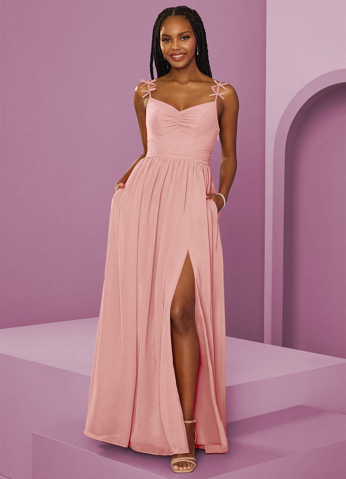 Barbie ♥ Azazie Robes de demoiselle d'honneur Robe Trapèze en Mousseline de soie Plissée Rosette image1