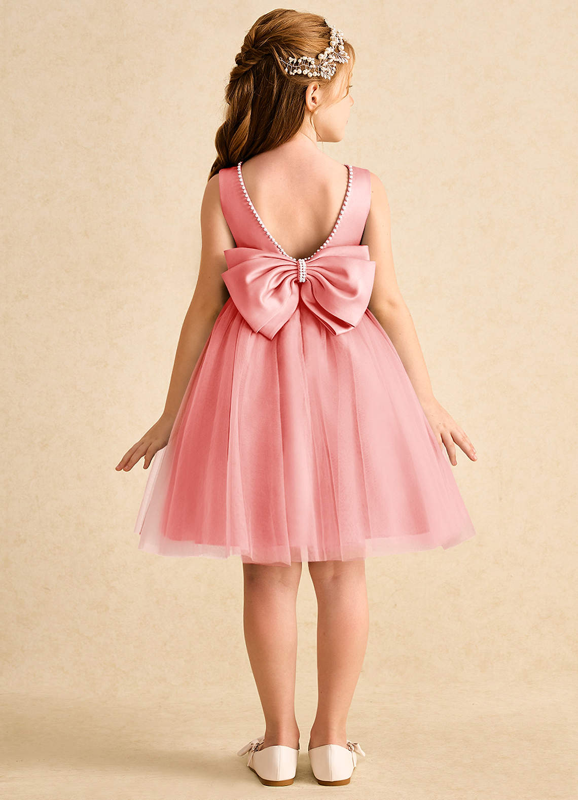 Azazie Jani Flower Girl Dresses Coral A-Line Bow Tulle Dress image1
