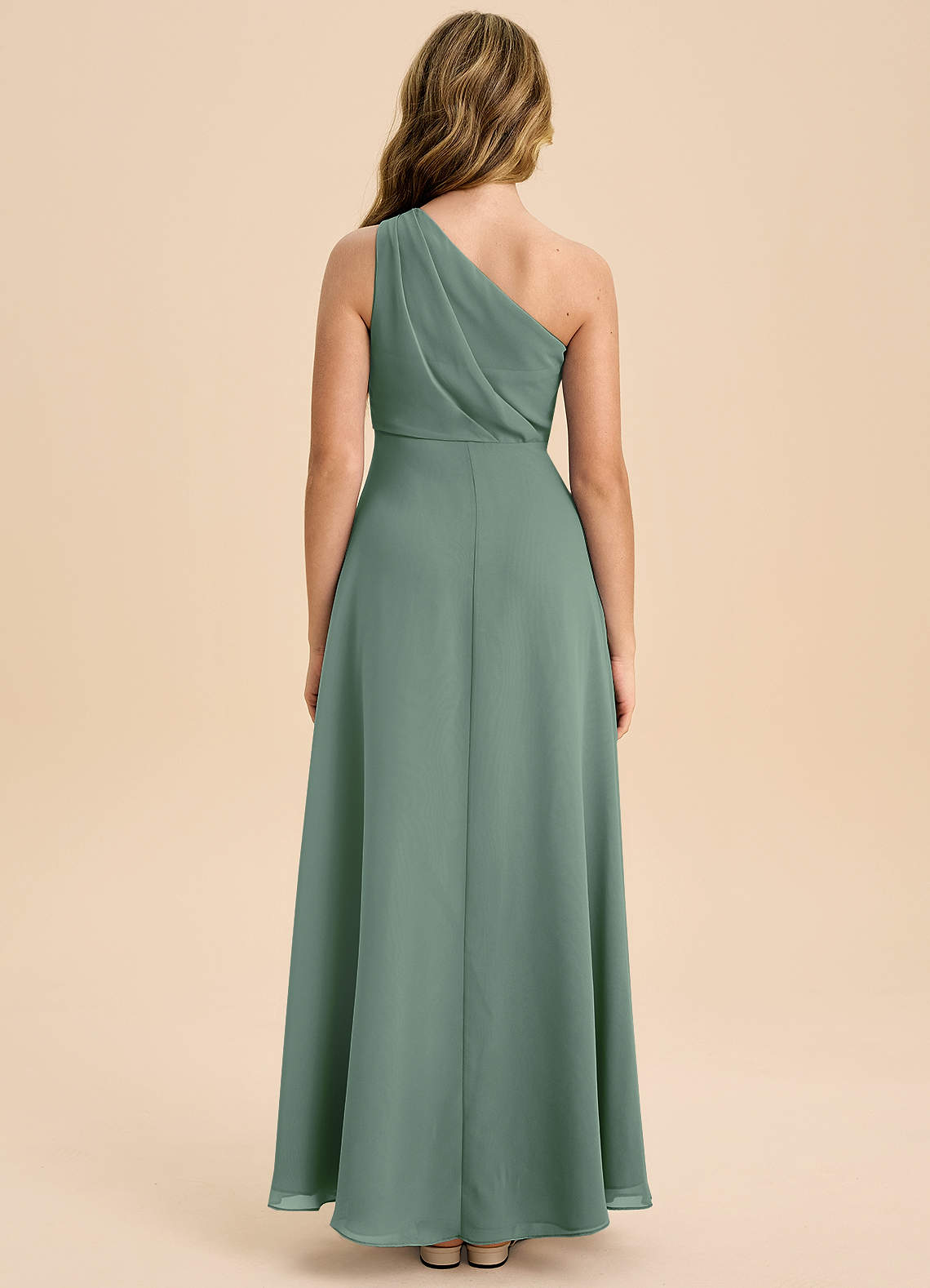 Azazie Phaedra Junior Jurk van Chiffon met A-Lijn Geplooid Eucalyptus image1