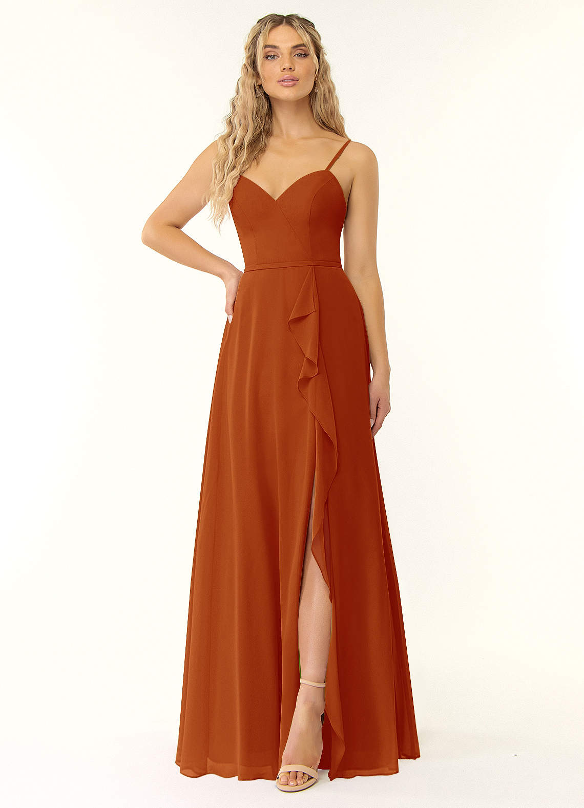 Azazie Naeem Bridesmaid Dresses Paprika A-Line V-Neck Ruffle Chiffon Dress image1