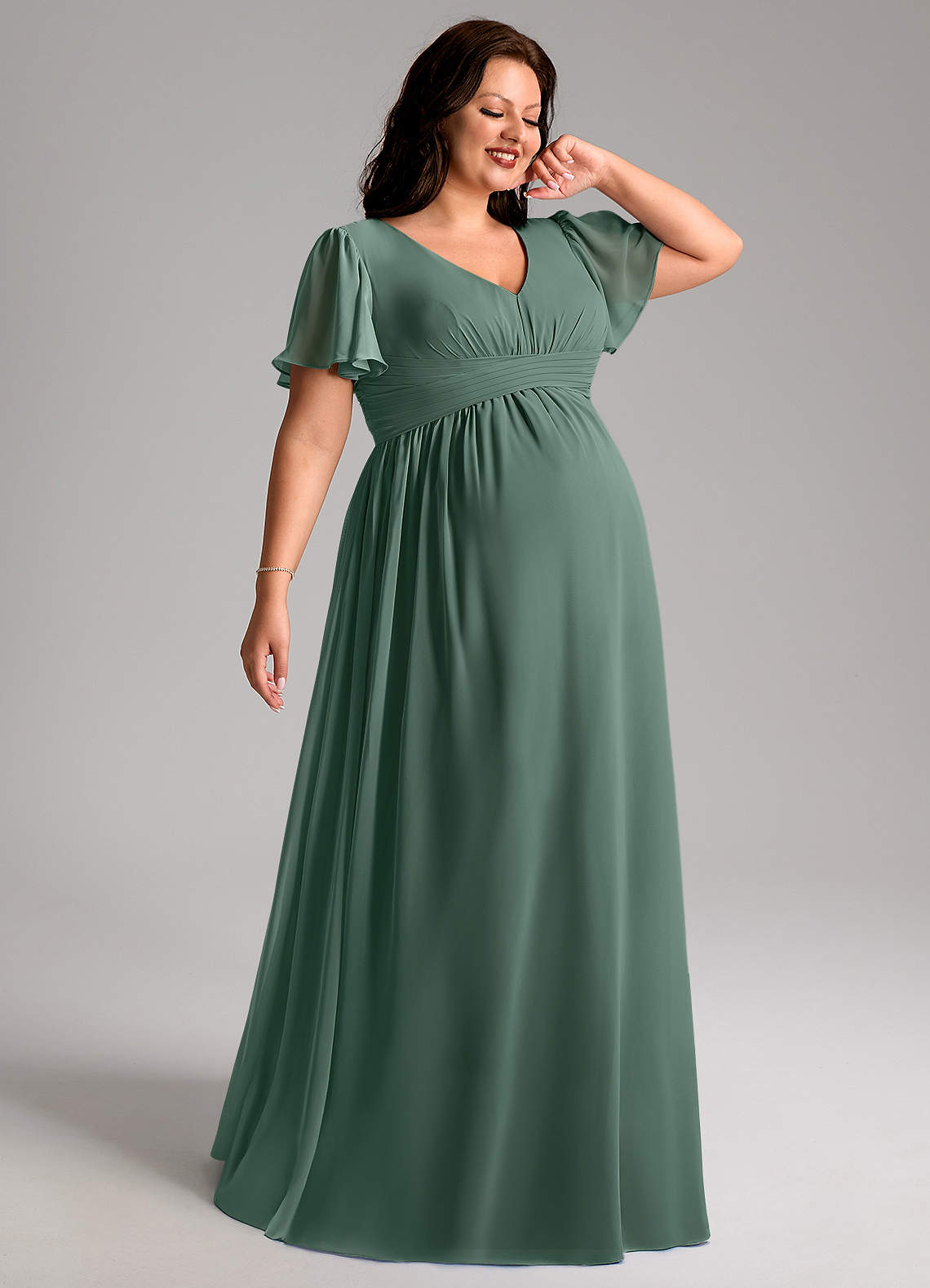 Azazie Verna Maternity Bridesmaid Dresses A-Line V-Neck Ruched Chiffon Floor-Length Dress image1