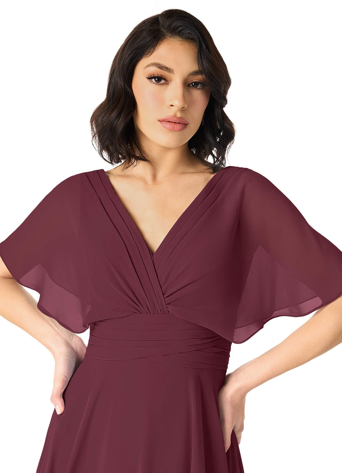 Azazie Pamela Bridesmaid Dresses Cabernet A-Line V-Neck Pleated Chiffon Dress image3