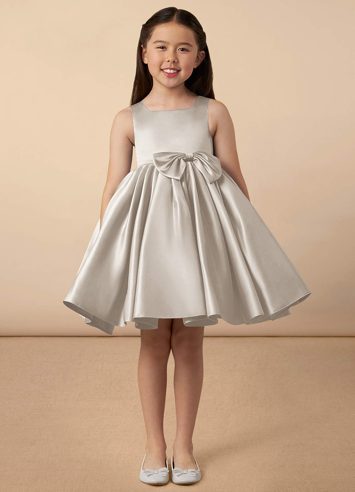 Azazie Bo Peep Flower Girl Dresses Frost A-Line Bow Matte Satin Dress image1