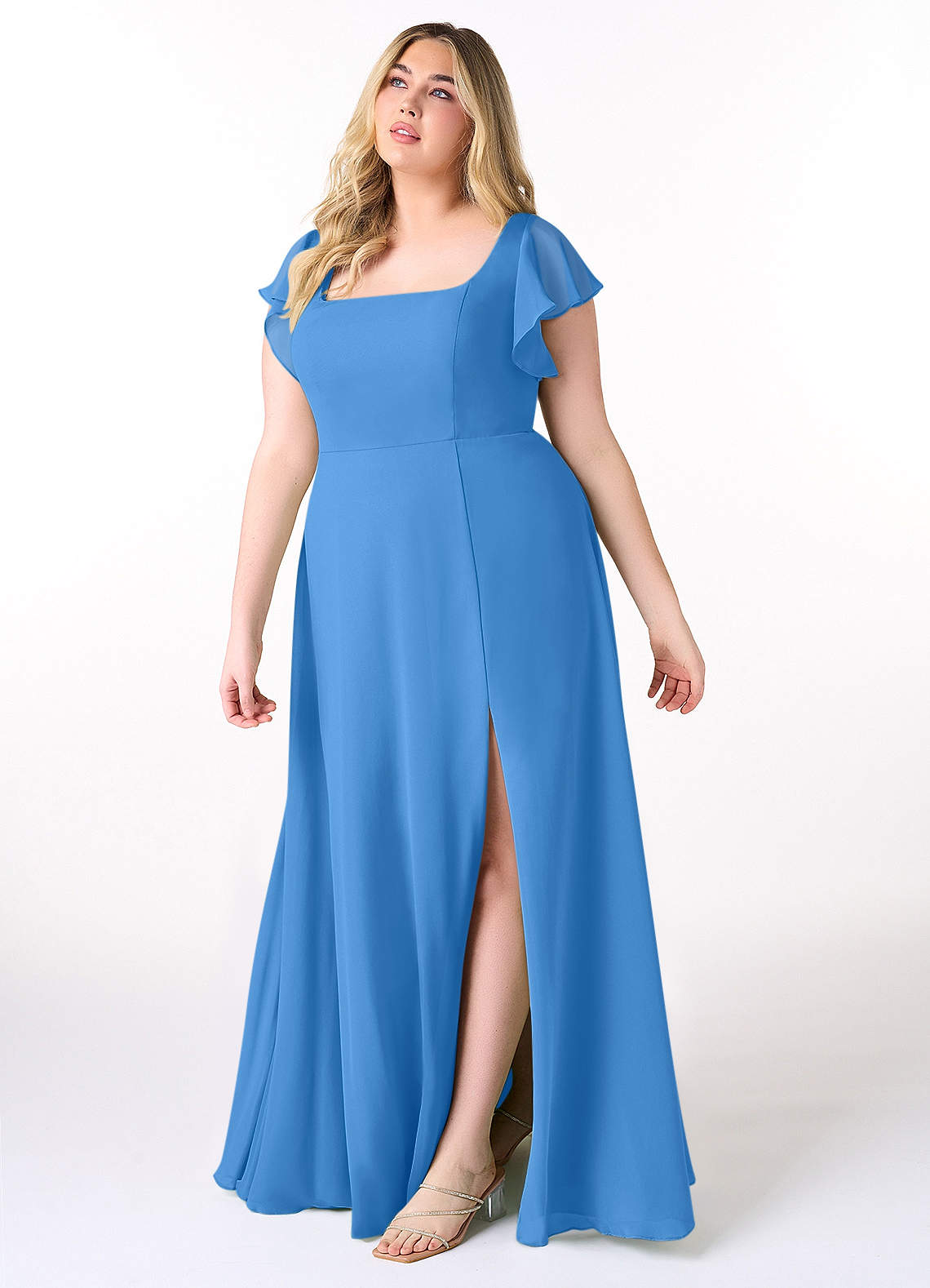 Azazie A Line Princess Square Neck Floor Length Chiffon Bridesmaid Dresses Blue Jay